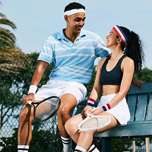 30 Pcs Sweatbands Wristbands Set Absorbent Terry Cloth Headbands Wristbands Neon Color Striped 80s Athletic Sweatbands for Sports Gym Exercise - color: Sky Blue