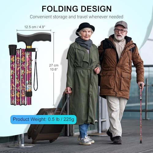 supregear Folding Cane, Lightweight 5-Level Adjustable Walking Stick with Wrist Strap and T-Handle, Portable Mobility Aid for Elderly and Disabled Men and Women - color: Floral Purple