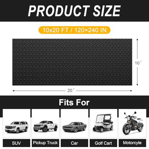 Grandroad auto 10x20 FT Garage Floor Mat, 2.8mm Thickened Flooring Roll for Under Car Diamond Plate PVC Rubber Mat with 20 Pcs Tapes, Non-Slip Floor Mat for Garage, Warehouse, Gyms, Trailer, Black - color: Black, size: 10×20FT