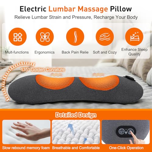 Electric Back Massager with Heat Vibration Airbag, Cordless Lumbar Support Pillow Neck Massager for Pain Relief Deep Tissue