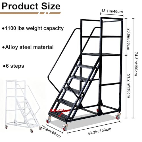 6 Step Rolling Warehouse Step Ladder, Industrial Mobile Staircase on Wheels, 1100Lbs Weight Capacity, Heavy Duty Mobile Platform Ladder with Handrails, Suitable for Warehouse, Library (Black, 6 steps) - color: Black