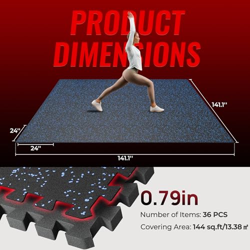 SUPERJARE 0.79'' Extra-Thick Exercise Equipment Mats, 36 Pcs 144 Sq Ft Rubber Top Floor Tiles with High Density EVA Foam, Interlocking Gym Flooring for Home Gym, Workout Mat, Black/Blue - size: 36 Tiles (144 Sq Ft)