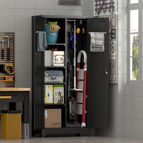 IRONFFICE Metal Utility Closet,Broom Closet Storage Cabinet with Doors and Shelves,Locking Storage Cabinets for Home Office,Gym,Laundry,Black - size: 72"H x 31.5"W x 15.74"D-Black