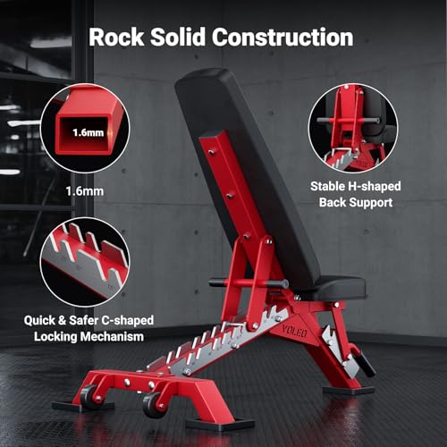 YOLEO Adjustable Weight Bench with Bench Press Stand, Foldable Workout Bench with Extended Head/Elbow Pad(for Users up to 7') - color: Red2