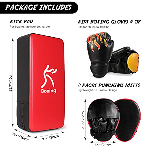 Odoland 3-in-1 Kids Youth Boxing Set - Punching Mitts, Kick Pads, Gloves for Boxing, Kickboxing, Karate, Muay Thai, MMA Training