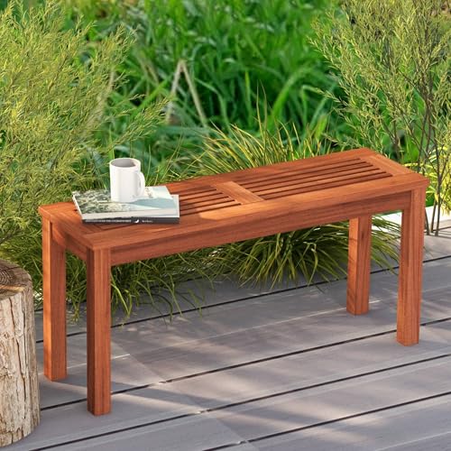 Tangkula Patio Wood Bench, 2-Person Solid Wood Bench with Slatted Seat, 39.5" Long Loveseat with Stable Wood Frame, Indoor Outdoor Dining Bench for Backyard, Poolside, Entryway (1) - size: 39.5"