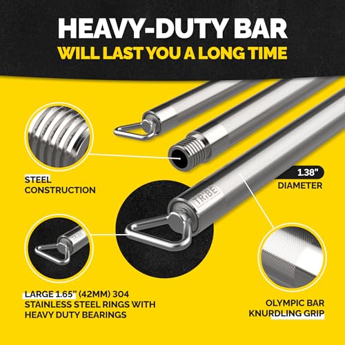 Heavy Duty Steel Resistance Band Bar for Exercise, Adjustable 27-39 Inches | Portable 3-section design, ball-bearing swivel ends, tangle-free movement, fits loop, tube and pull-up resistance bands