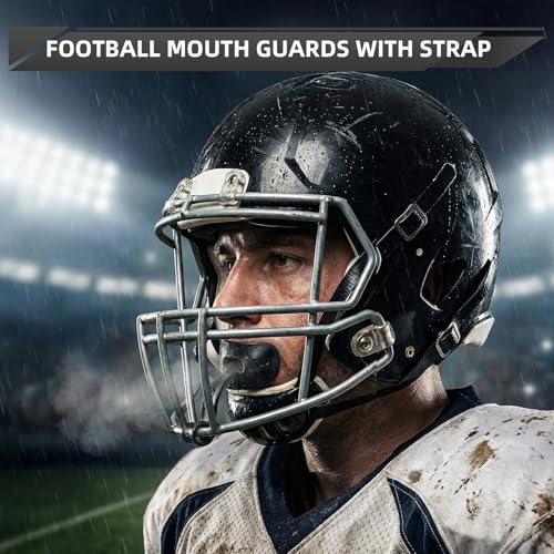 4-Pack Football Mouth Guards with Case for Youth & Adult, Permanent Strap | No Boil Ready to Use, Fits Braces, Breathable Lip Protector Mouthpiece for Football Players (Black/White/Blue/Green)