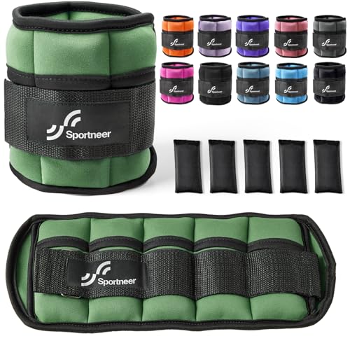 Sportneer Adjustable Ankle Weights Set - 1 Pair (2-10 lbs) Removable Sandbags for Women & Men, Comfortable Neoprene Leg Weights for Walking, Running, Pilates, Yoga, Home Workout & Physical Therapy - color: Olive