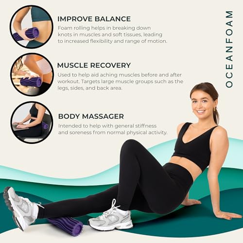 Oceanfoam Ripple Travel Foam Roller (11" x 3.35") Firm Mini Foam Roller for Physical Therapy, Deep Tissue Massage, Back Pain - High Density, Ergonomic Wave Textured - Yoga, Pilates, Exercise (Purple) - color: Purple