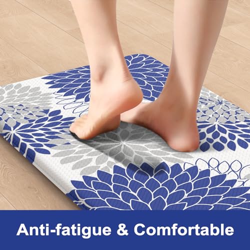 Anti Fatigue Kitchen Mats 2PCS,Boho Dahlia Kitchen Rugs Non Slip Rubber Backing, Farmhouse Waterproof Kitchen Mat for Floor,Cushioned Standing Mat for Kitchen,Laundry,Sink,Desk,Blue - color: Blue, size: 17.3" x 47 "+ 17.3" x 29 "--0.47 inches