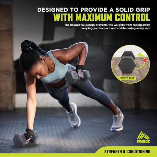 RBX Vinyl Coated Hand Weight Dumbbell Set - Hex Shaped, Roll Free for Body Building/Sculpting/Strength Training Exercise, (Set of 2) - color: Grey, size: 2lb