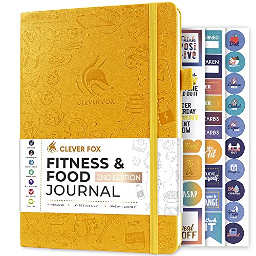 Clever Fox Fitness & Food Journal, Workout Planner, 5.8"x8.3" Amber Yellow | Lasts 3 months, undated hardcover exercise & weight loss journal for women, gym, diet, meal tracker, calorie counter book - color: Amber Yellow, size: A5 (5.8'' x 8.3'')