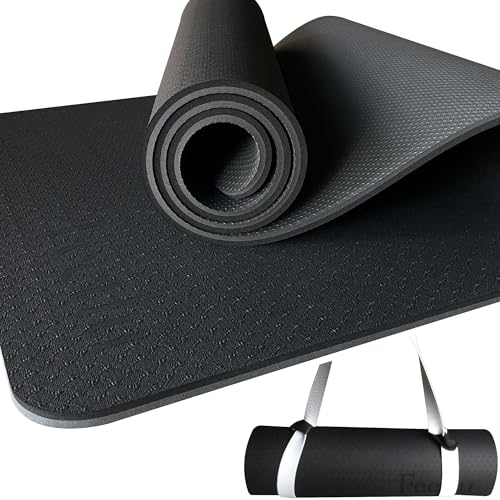 Extra Thick Yoga Mat with Carry Strap, 10mm Non-Slip Exercise Mat, 72 x 24 Inch Cushioned Workout Mat for Yoga, Pilates, Stretching & Floor Exercises - color: Black & Gray