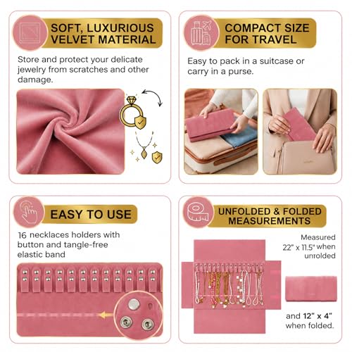 UnionPlus Velvet Travel Jewelry Roll Bag Organizer for Necklace, Elastic Band and Anti-winding, Blush Pink - color: Blush Pink, size: Medium