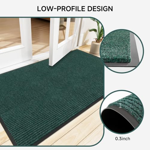 100pointONE Front Door Mat, Heavy Duty Indoor Outdoor Doormat for Entryway, 48" x 24" Low Profile Outdoor Mats for Home Entrance, Stain and Fade Resistant Welcome Mat for High Traffic Area, Green - color: Green Striped, size: 2' x 4' (Rectangular)