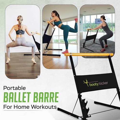 Portable Folding Exercise Bar for Barre, Balance and Ballet Home Workouts | Authentic Booty Kicker, Strong Freestanding Stable Design, Solid Steel and Wood Workout Equipment - color: Black