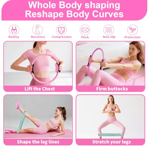 Home Pilates Kit for Women, Workout Set with 12.9" Ring, 9.8" Mini Ball, 4 Fabric Bands, Figure-8 Band, Stretch Band, D-Ring Strap, Cordless Jump Rope, Socks, Carry Bag - color: Pink