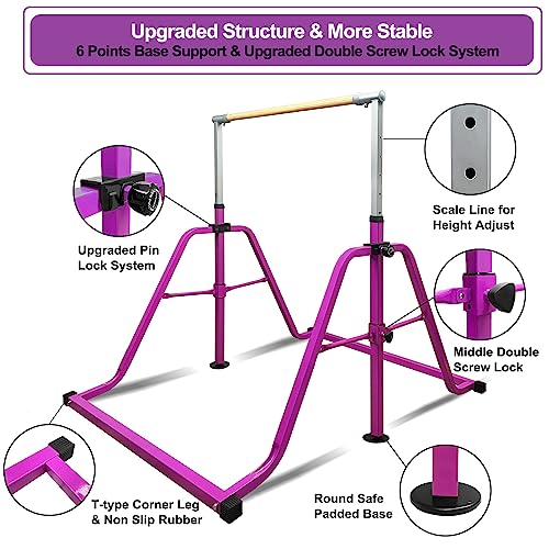Foldable & Moveable Gymnastics Horizontal Bar with Rings,3’to 5’Adjustable Height Expandable Junior Kip Bar for Home,Indoor Gym Equipment for Kids - style: MAT-Purple with Rings