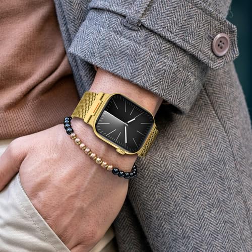 Milanese Loop Compatible with Apple Watch Ultra 3/2/1 Band 49mm 46mm 45mm 44mm 42mm, Magnetic Stainless Steel Strap Bands for iWatch Ultra SE 3/2/1 Series 11 10 9 8 7 6 5 4 3 2 1 Men, Gold - color: Gold