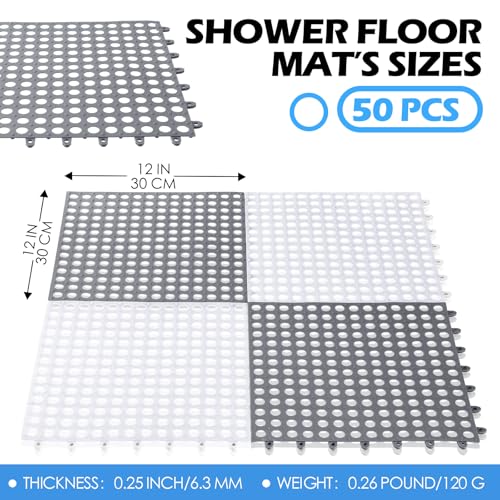 Tinideya 50 Pcs Drainage Interlocking Floor Tiles, 12'' x 12'' Soft TPE Non Slip Shower Floor Tiles for Pool Bathroom Shower Balcony Patio Locker Room Basement Stairs(White and Light Gray) - color: Light Gray and White