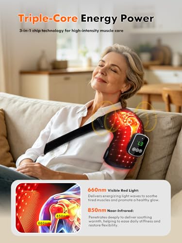 Red Light Therapy for Shoulder - 5000mAh Cordless Heating Pad with Massage, 240 Beads 660nm 850nm Infrared Wrap for Muscle Tension, Post-Workout Recovery, Gifts for Men Women, Fits Left & Right - color: Jet Black