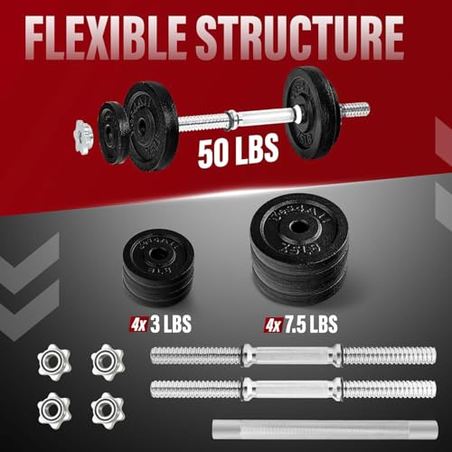 Yes4All Old School Adjustable Dumbbell Set with Weight Plates, Star Lock Collars/Connector, 40lbs to 200lbs Adjustable Weight Plates Set - color: E. Barbell 50LB or 25LB Dumbbell Pair - Black
