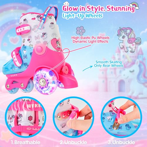 HYKID Toddler Roller Skates, 4 Adjustable Sizes, Fun Illuminating, Safety Three-Point Type, Breathable Upper, Beginners' Roller Skates for Girls Boys Kids - color: Unicorn Rose Pink, size: Little Kid (11C-1Y)