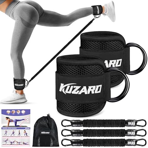 KUZARO Ankle Resistance Bands with Cuffs, Ankle Weights Bands for Working Out, Women Leg and Glutes Workout Equipment, Exercise Bands for Kickbacks, Butt and Booty Trainer, Home Gym Fitness Equipment - color: glossy black