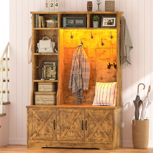 CSZZD Hall Tree with Bench and Shoe Storage, Farmhouse Entryway Bench with Coat Racks and Led Lights, Tall Hall Tree with 7 Coat Hooks, 6 Storage Cubbies, Adjustable Shelf, Rustic - color: Rustic Brown, size: 39.4"