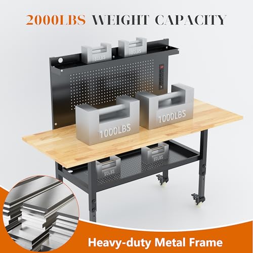 60" Heavy Duty Adjustable Workbench with Large Pegboard& Partition, Adjustable Work Table with Power Outlets & Lockable Wheels, Rubber Wood Workstation for Garage, Workshop, Office, Home, Commercial - size: Large Pegboard /Power Outlets / Partition / 60"x