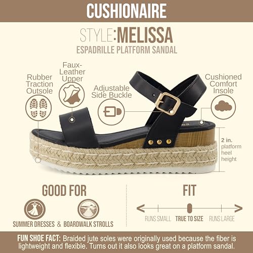 CUSHIONAIRE Melissa Espadrille Platform Sandals For Women with Adjustable Ankle Strap and Memory Foam Insole-Comfortable Womens Sandals for Summer - color: Black, size: 11