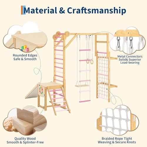 PeakPursuit 8-in-1 Indoor Jungle Gym for Kids Ages 3-10 – Wooden Climbing Structure with Slide, Swing, Monkey Bars, Gymnastic Rings, Climbing Rope – Indoor Playground Toy – Natural Wood Color