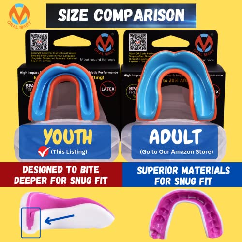 Oral Mart Youth Sports Mouth Guard for Kids (USA Flag, Fangs, 20+ Colors to Choose from) Mouthguard for Football, MMA, Karate, Boxing, Rugby, BJJ, Flag Football – /w Case (Youth, Strapless) - color: Orange / Blue