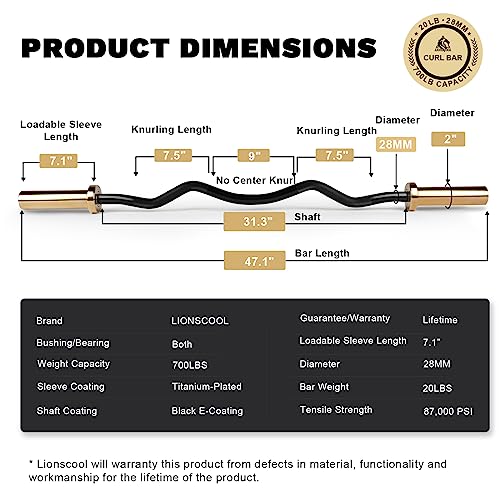 LIONSCOOL 2 Inch EZ Curl Bar, 350LBS/700LBS Weight Capacity Olympic Curl Barbell for Bicep, Tricep Workout, Deadlifts, Weightlifting, Strength Training Exercises - color: Golden & Black