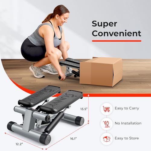 Sunny Health & Fitness Mini Stair Stepper w/Resistance Bands for Home Gym | Full Body Cardio, Adjustable Step Height, Hydraulic Resistance, LCD Meter, No Assembly, 300 lb Capacity, SunnyFit App - color: Grey