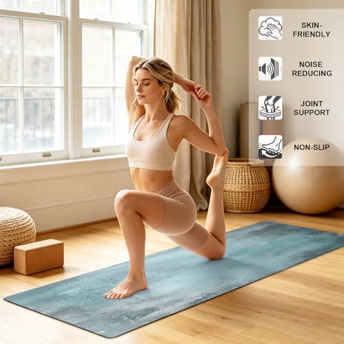 Navy Blue Grey White Yoga Mat Non Slip Abstract Art Modern Oil Painting Exercise Mat with Carrying Strap, Large Yoga Mats for Women, Workout Mats for Pilates, Stretching & Fitness - color: Teal Blue Dark Gray, size: 68"L x 24"W