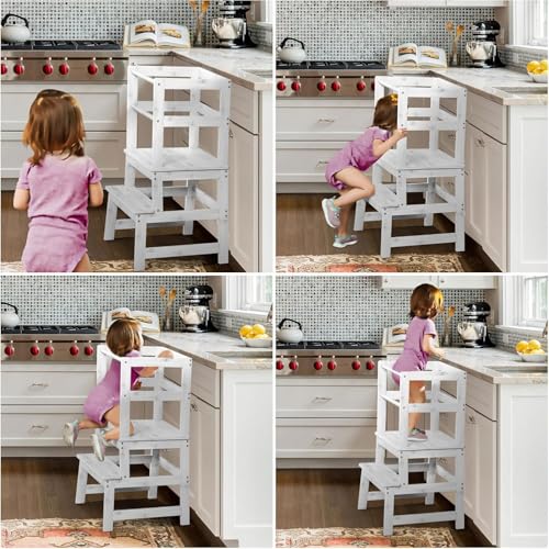Elevon Kitchen Step Stool with Safety Rail, Multipurpose Standing Support Platform, Wooden Anti-Slip Step with Stable A-Frame Structure for Home Use, White - color: White