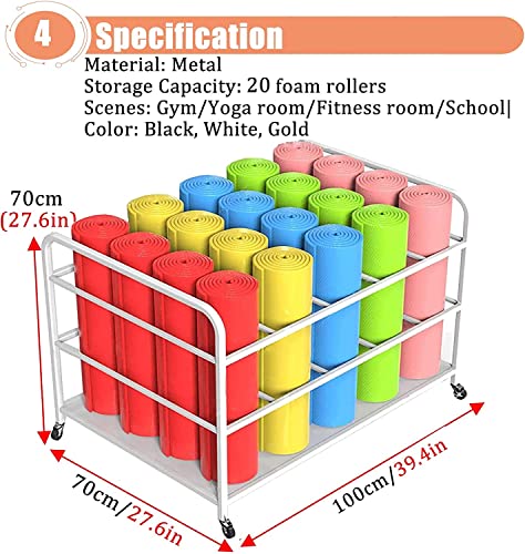 Large Yoga Mat Storage Cart with Wheels, Floor Metal Yoga Mat Holder Basket, Gym Foam Rollers Organizer, for Gym/Yoga Studio Hold 20 Exercise Mats - color: White