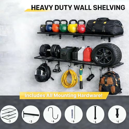 Garage Wall Shelving, 46" x 12" Floating Shelf, Heavy Duty, 190 LBS Load Capacity, Black Storage Rack for Shop, Shed, Closet, Basement - style: B-1 PACK
