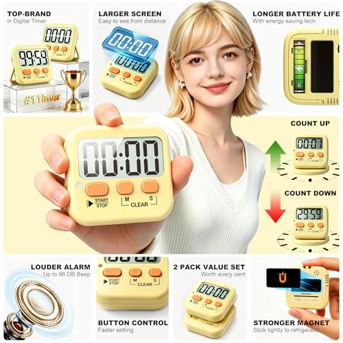 Antonki 2 Pack Digital Timer for Kids, Magnetic Countdown Kitchen Timers for Cooking, Egg, Classroom, Teacher, Exercise, Study, Oven - Battery Included - color: Yellow