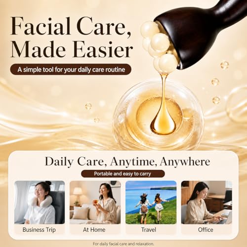 Eye Massage Tool, Sandalwood Eye Massager Tool with 5 Smooth Horn Beads, Dual-End Eye Roller Tool for Puffy-Looking Eyes, Eye Massage Stick for Face and Under Eye Self Care, 1 Pack - color: Deep Wood Tone
