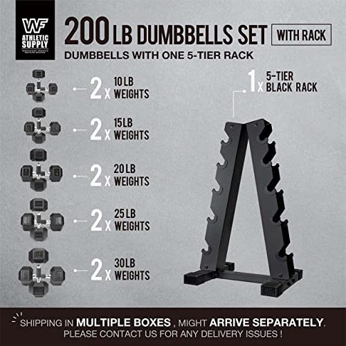 WF Athletic Supply Rubber Encased Hex Dumbbells with Rubber Grip Contoured Handle for Muscle Toning, Strength Building & Full Body Workout - color: s. 200LB Dumbbell Set w/ 5-Tier Rack