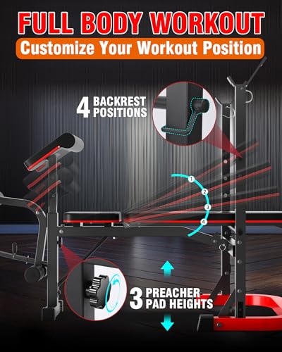 OPPSDECOR 6 in 1 Weight Bench Set with Leg Extension and Leg Curl, 660 LBS Adjustable Bench Press Set with Preacher Curl Pad, Foldable Workout Bench for Home Gym, Strength Training for Teens/Adults - color: Scarlet