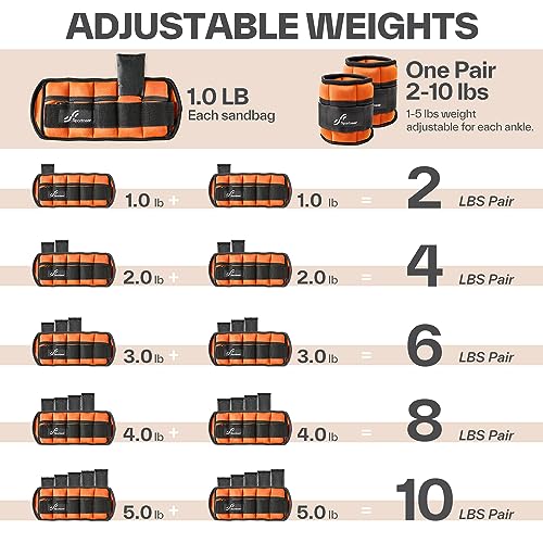 Sportneer Adjustable Ankle Weights Set - 1 Pair (2-10 lbs) Removable Sandbags for Women & Men, Comfortable Neoprene Leg Weights for Walking, Running, Pilates, Yoga, Home Workout & Physical Therapy - color: Orange