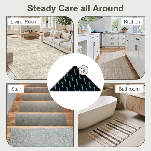 12 Pcs Rug Grip Pads for Hardwood Floors and Tiles, Non Slip Rug Grippers, Heavy Duty Corner Grippers for Rugs, Washable & Reusable Carpet Tape Alternative, Keep Rugs in Place & Corners Flat