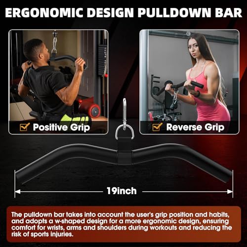 LAT Pulldown Bar Attachments for Pulley Cable Machine, Single D-Handle Tricep Press Down Bar with Rubber Handle, D Handle Cable Accessories for Gym - color: Black-1pc (19in W-Bar)