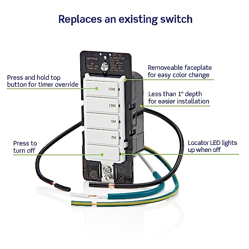 Leviton Countdown Timer Switch for bathroom fan and household lights, 2-5-10-15 min, No Neutral Required, Single Pole, 15A, 1/2 HP/9.8A Fan/Motor, DT115-1LW, White - style: 2-5-10-15 min, No Neutral Required