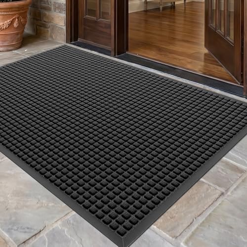Front Door Mat Outside Entrance, Heavy Duty Waterproof Doormat | 47.5"x35.5" Indoor/Outdoor Dirt Trapper with Non-Slip Rubber Backing, Low Profile Easy Clean, Stain & Fade Resistant Black - color: Black, size: 2'11" x 3'11" (Rectangular)
