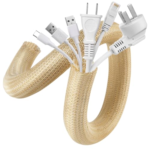 AGPTEK Cable Sleeve, 2 Pack 5ft - 1.2 Inch Cable Management, Desk Cord Cover Organizer Wire Hider for Office Computer TV Wire Loom Tubing, Pet Proof Cord Protector from Cat Dog Chewing, Wood Color - color: Wood Color, size: 1.2"-10ft